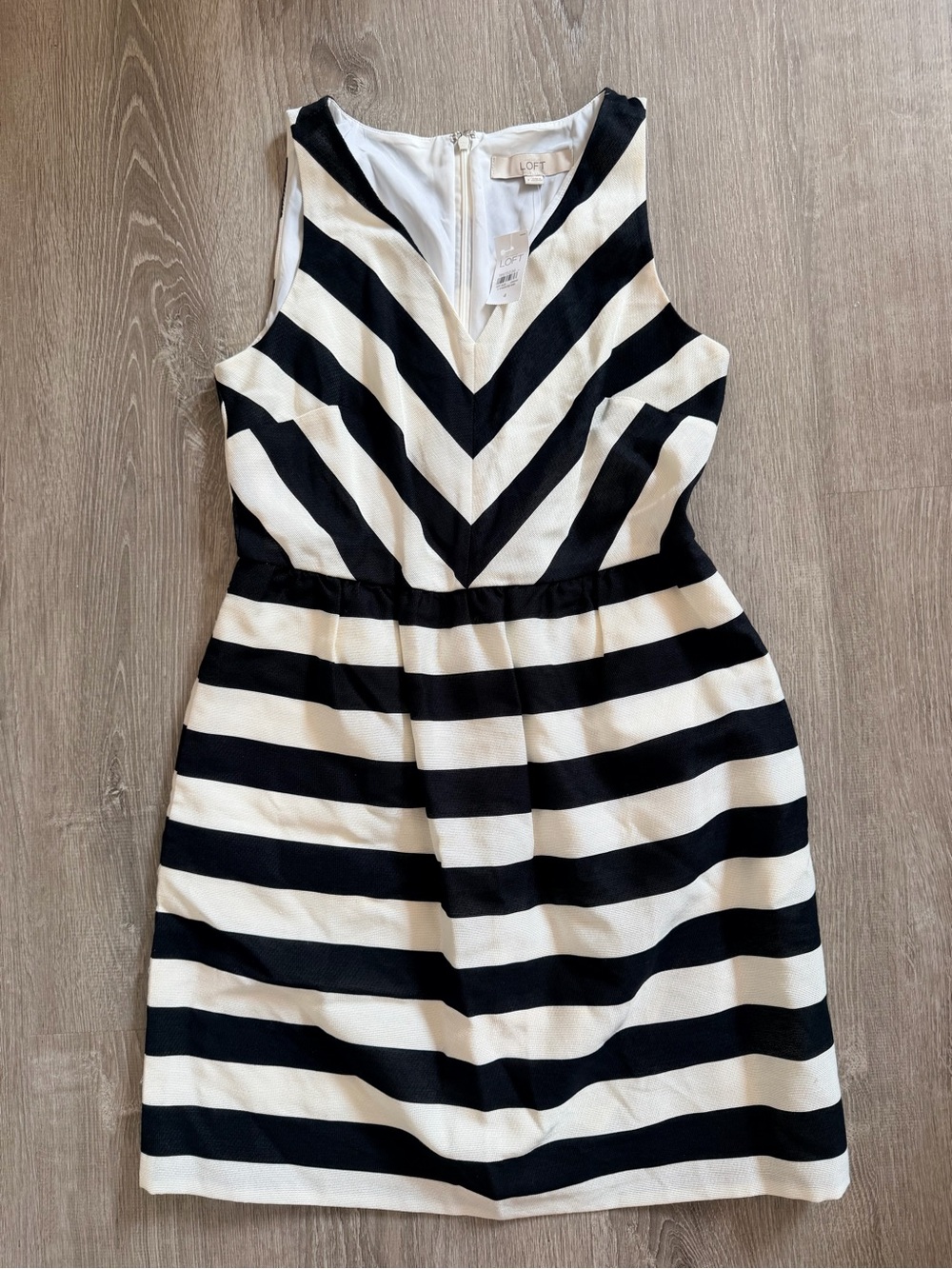 LOFT Black & White Striped V-Neck Fit-and-Flare Dress